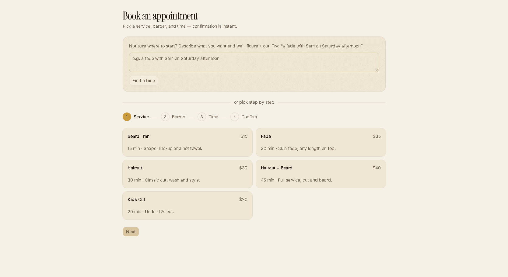The booking wizard with service selection