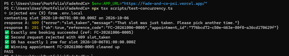 Terminal showing the concurrency test passing against production