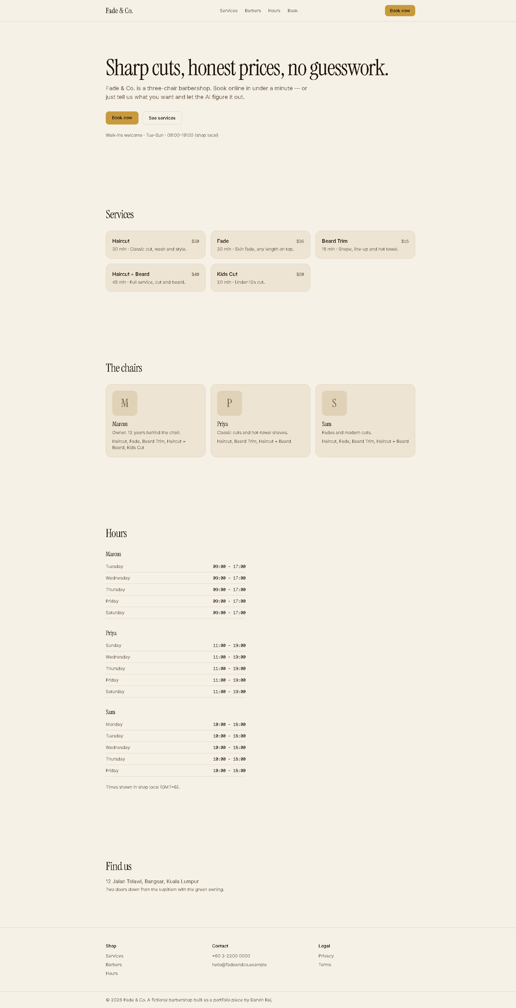 Fade & Co. landing page with services, barbers, and hours