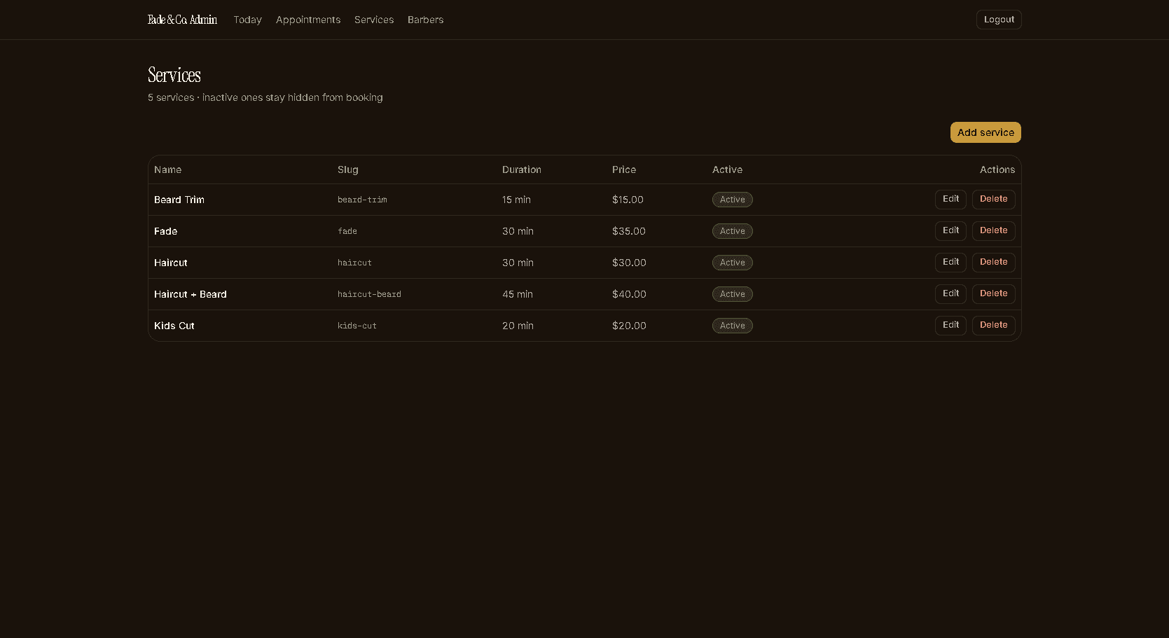 Services table in the admin dashboard